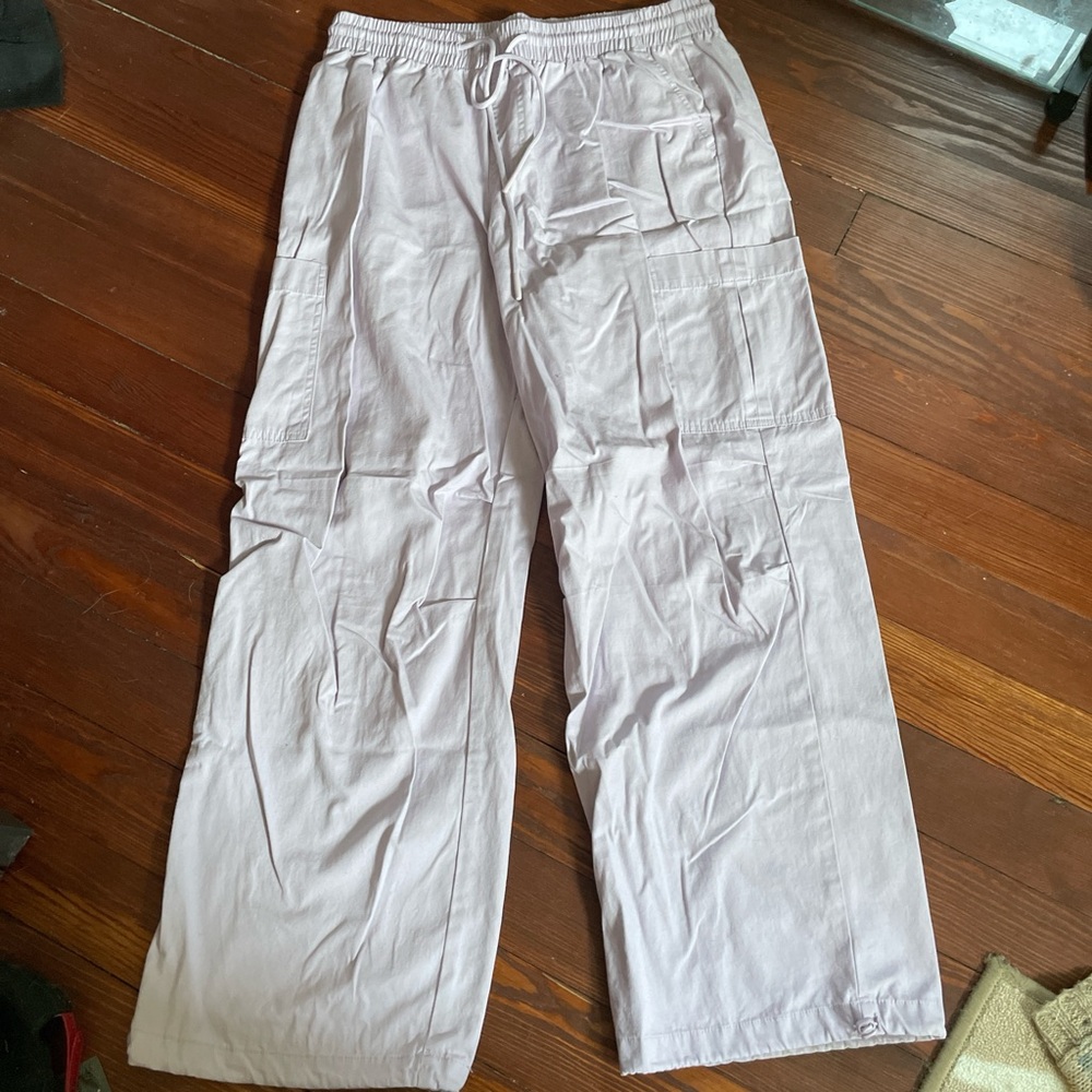 Lilac Purple Drawstring Cargo Wide Leg Parachute Pants.